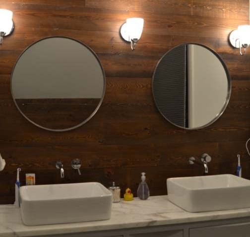 Example of a mid-sized mountain style master white tile and porcelain tile porcelain tile bathroom design in Orange County with flat-panel cabinets, white cabinets, white walls, a vessel sink and marble countertops