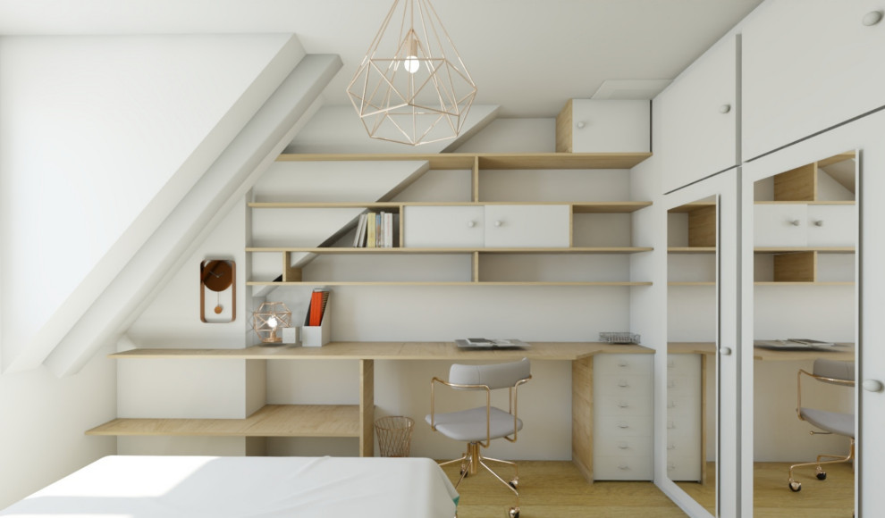 Diseño de dormitorio tipo loft y blanco y madera escandinavo de tamaño medio con paredes blancas, suelo de madera clara y suelo beige