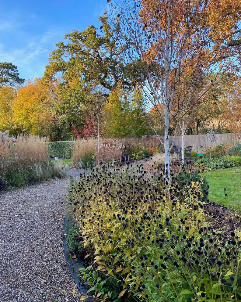 Design ideas for a huge contemporary full sun backyard gravel flower bed in Hertfordshire for winter.