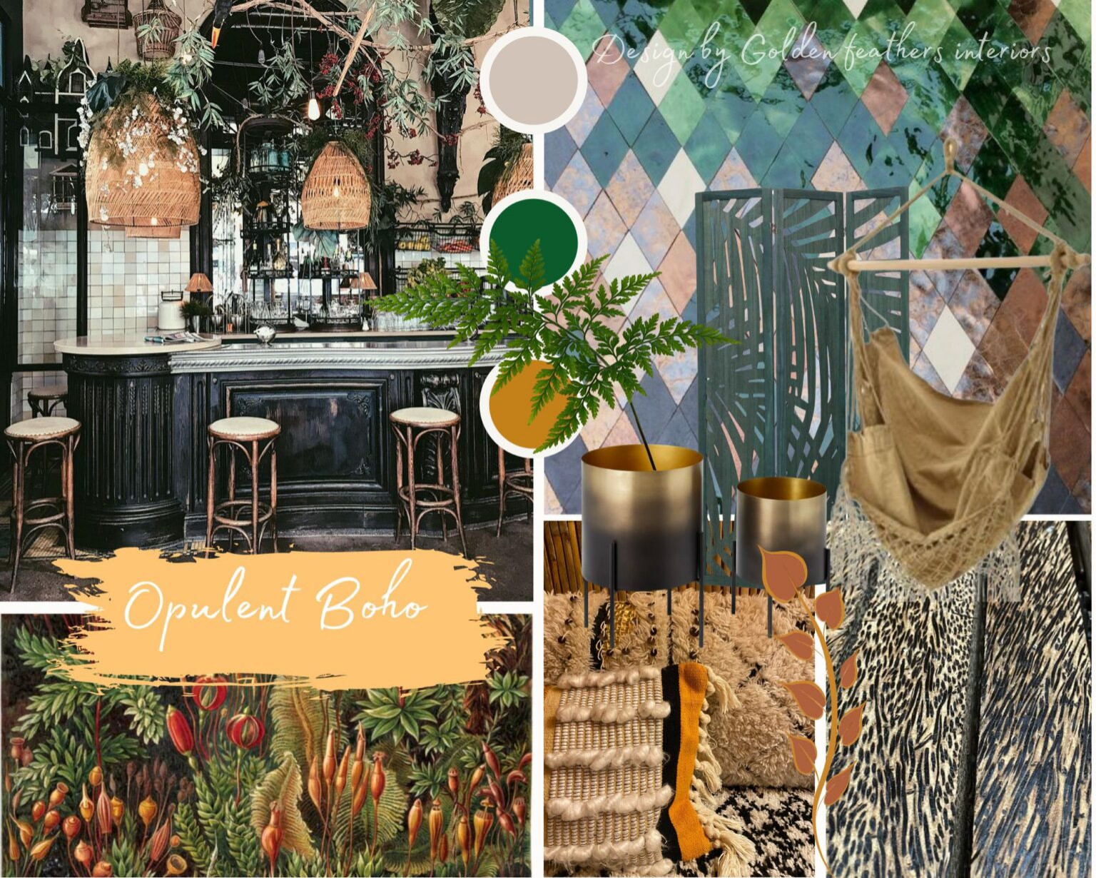 Opulent Boho:  A design from my own, maximalist heart! This scheme is embracing and flamboyant, yet natural, warm and earthy. Its a beautiful mix of textures from velvets, rattan and marble, all in on