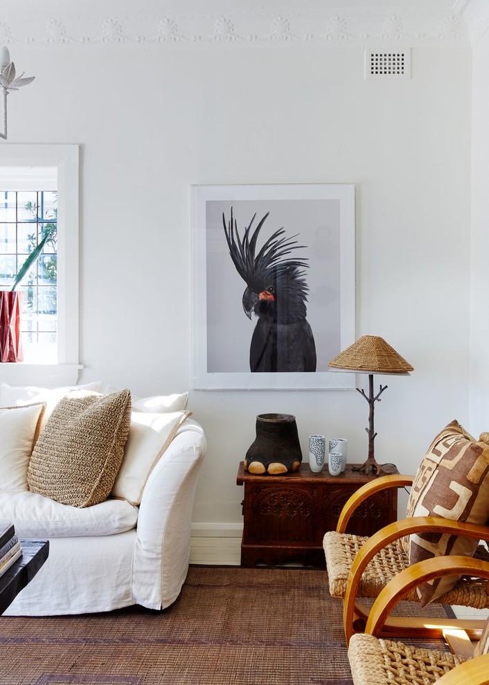 This is an example of a mid-sized eclectic living room in Sydney with white walls.