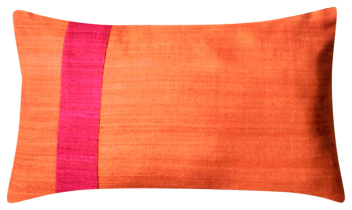 Modern Silk Color Block Lumbar Pillow Cover, Tangerine Orange, 12" X 24"