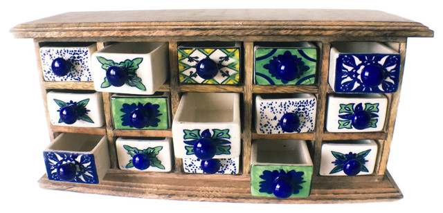 Apocatherapy Herb Cabinet Wood Ceramic Handpainted Rustic