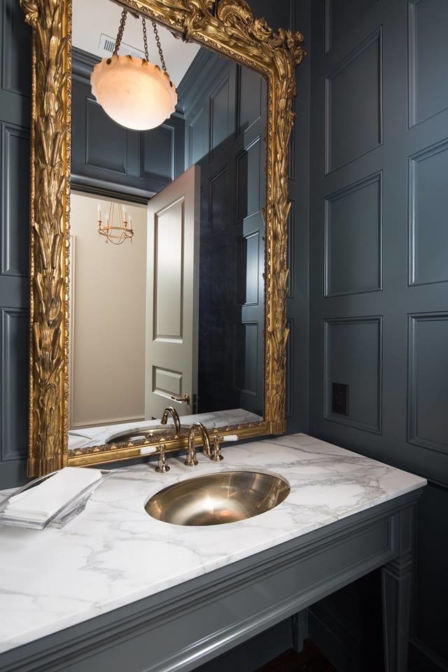 Inspiration for a mid-sized transitional powder room in Minneapolis with an undermount sink, open cabinets, grey cabinets, blue walls, marble benchtops and white benchtops.