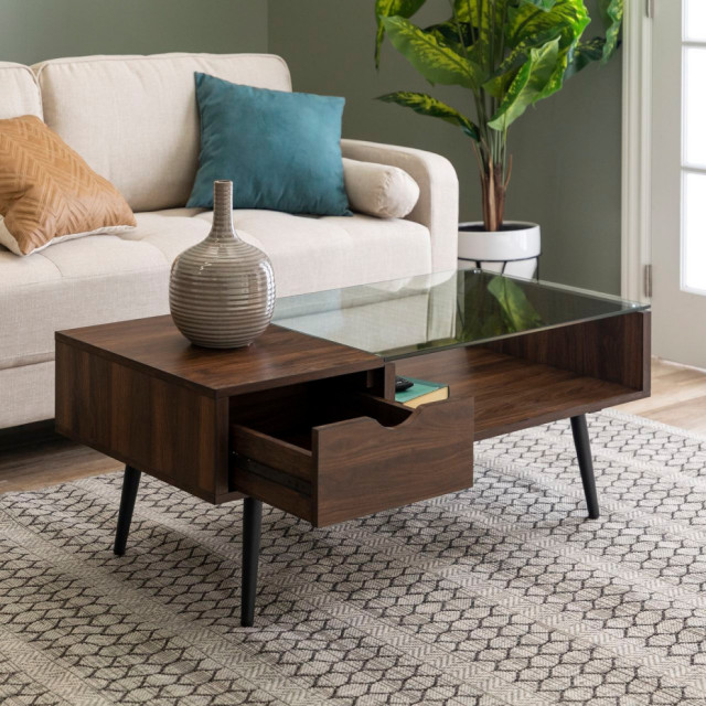 Walker Edison Mid Century Modern Wood Coffee Table, Dark Walnut ...