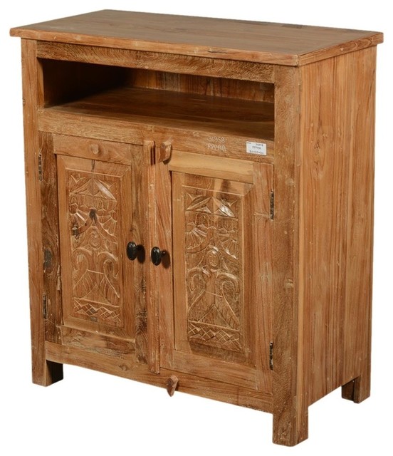 Hand Carved Mango Wood Salvatore Storage Cabinet With Open Shelf