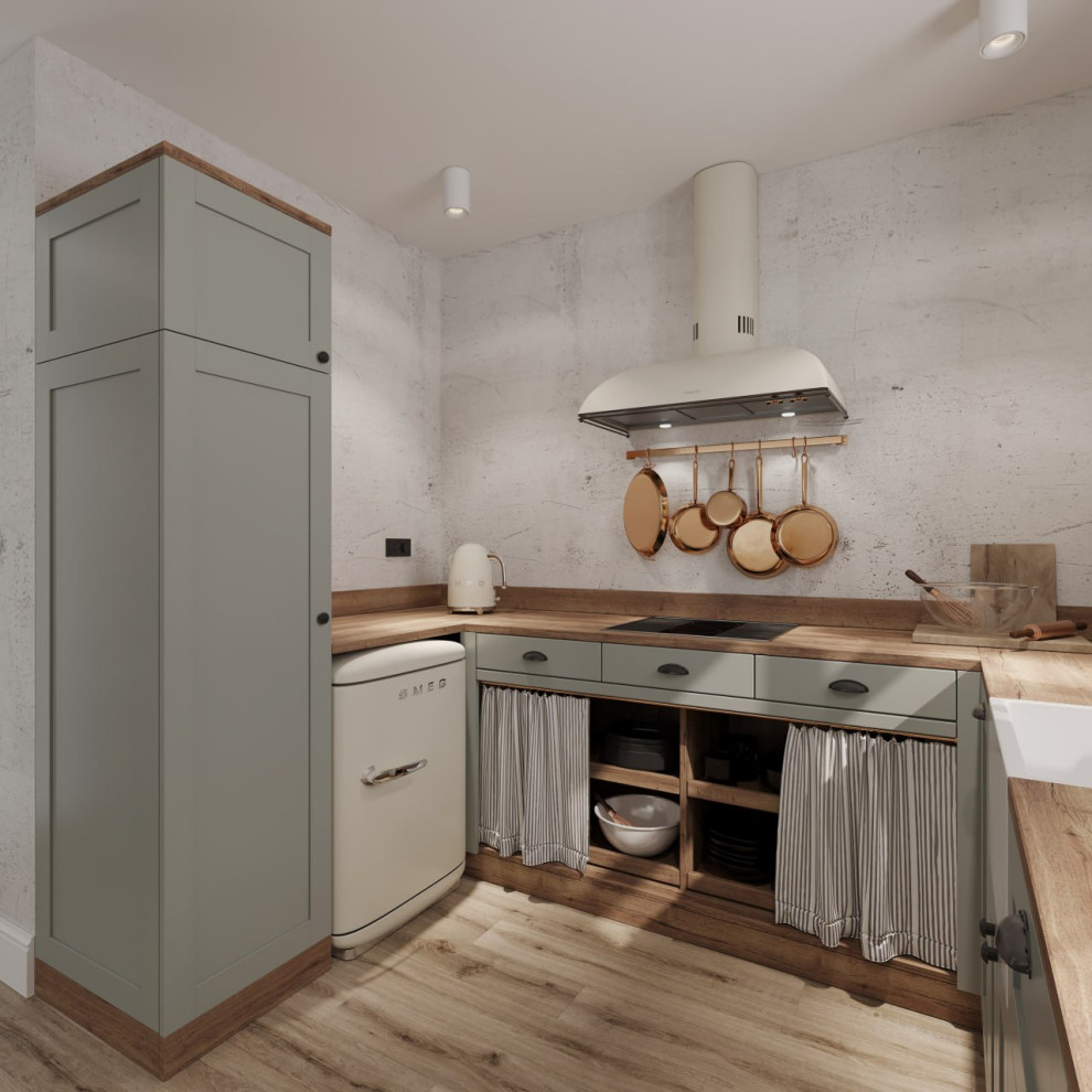 Design ideas for a mid-sized country u-shaped separate kitchen in Moscow with grey cabinets, wood benchtops, white splashback, with island, beige floor and brown benchtop.