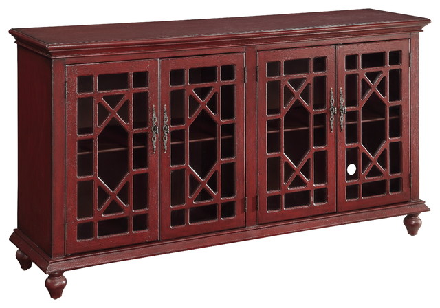 Four Door Media Credenza Texture Red Traditional