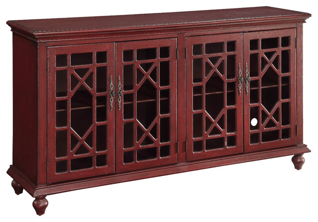 Four Door Media Credenza Texture Red Traditional