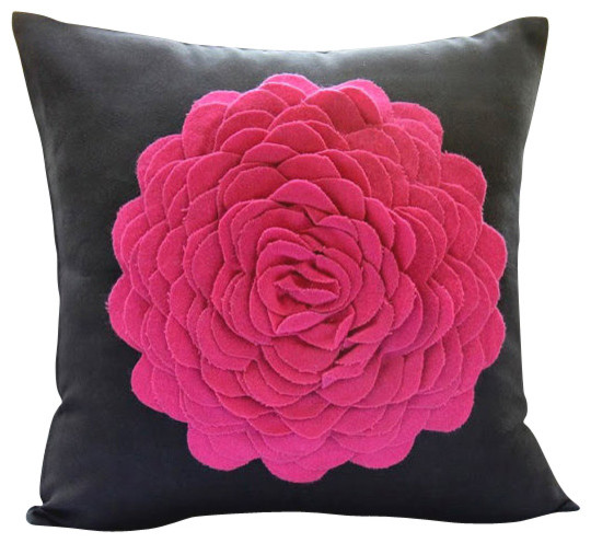 Purple Faux Suede Fabric Rose Flower Pillow Covers Plum Rose