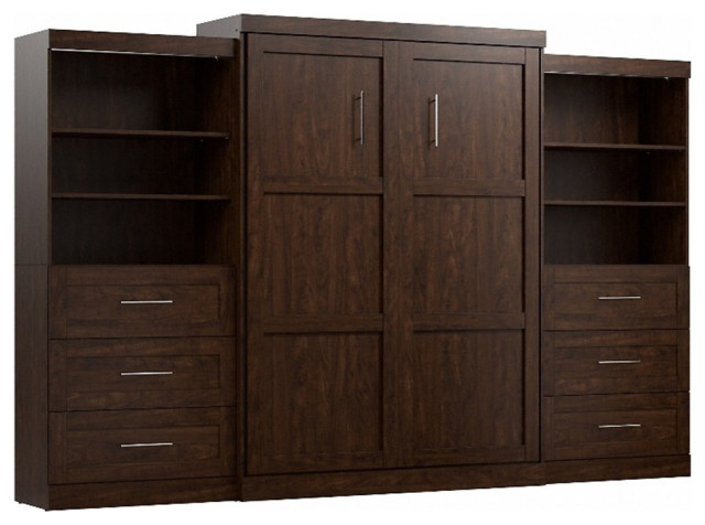 Bestar Pur Full Murphy Bed With 2 Shelving Units & Drawers - Space Saving Wall Bed (Rustic Brown)