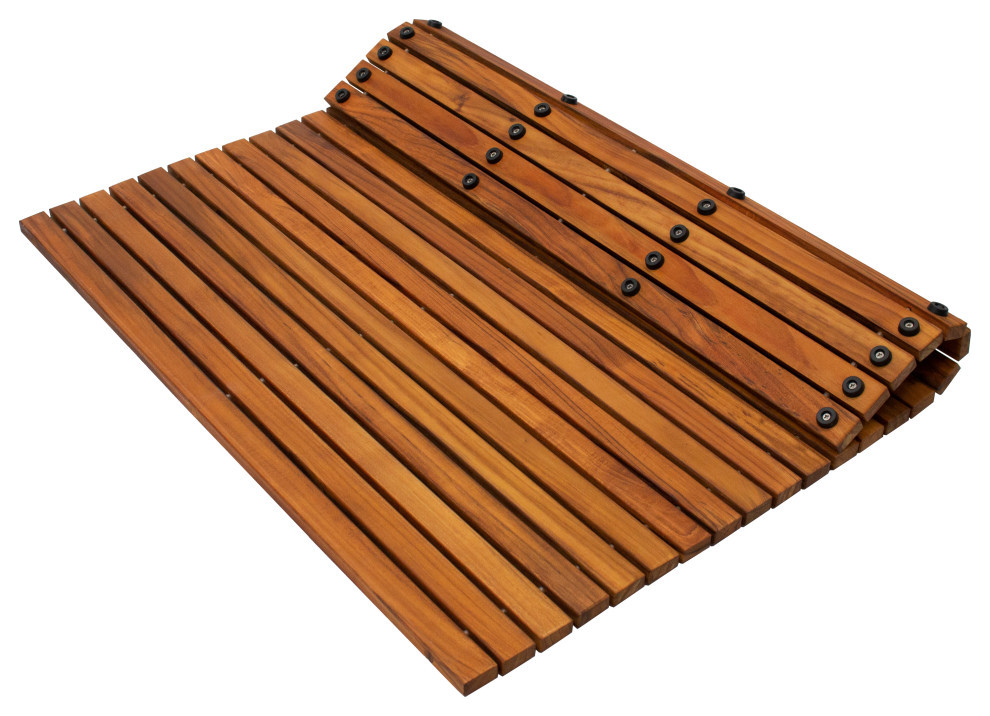 Nordic Style Oiled Teak String Mat With Rubber Footing 30″ x 30″ Transitional Bath Mats by