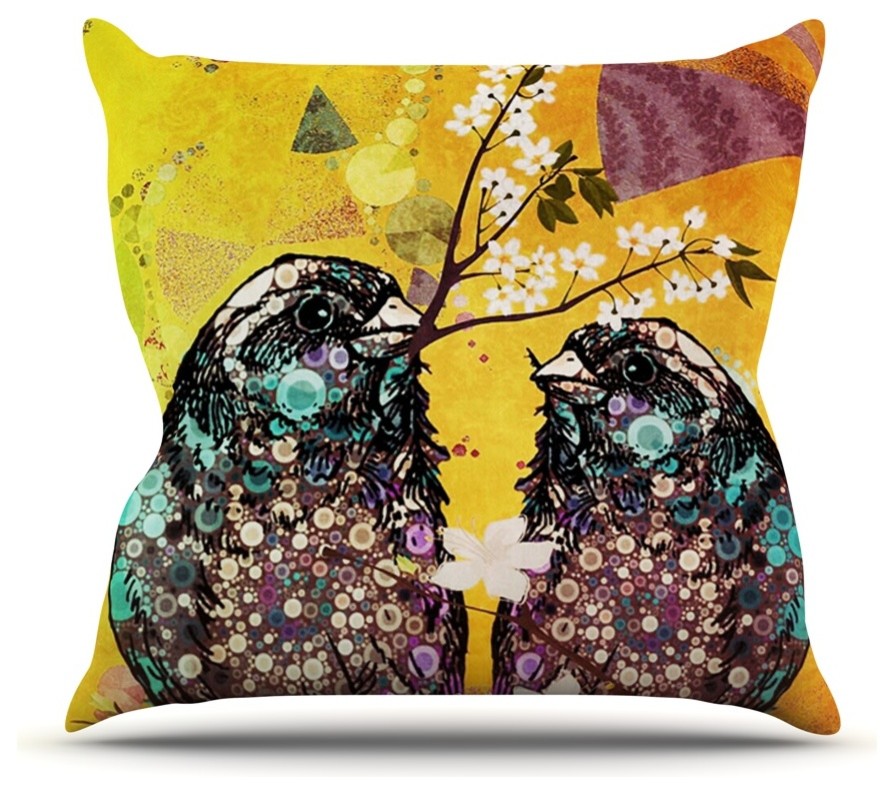 AlyZen Moonshadow "Birds in Love Yellow" Orange Gold Outdoor Throw Pillow