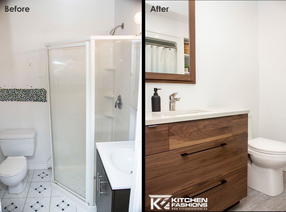 Alcove bathtub - mid-sized modern 3/4 vinyl floor alcove bathtub idea with flat-panel cabinets, medium tone wood cabinets, a one-piece toilet, white walls, an undermount sink and quartz countertops
