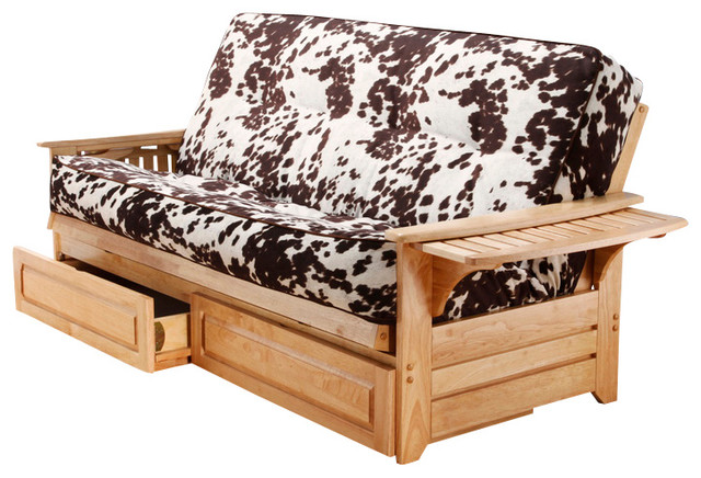 Phoenix Natural Futon Frame with Futon Mattress in Udder Madness, With Full Draw
