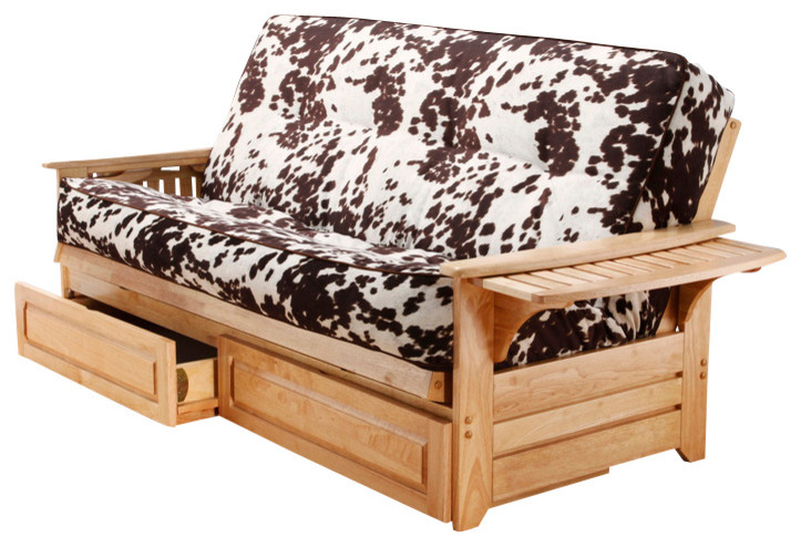 Phoenix Natural Futon Frame with Futon Mattress in Udder Madness, With Full Draw