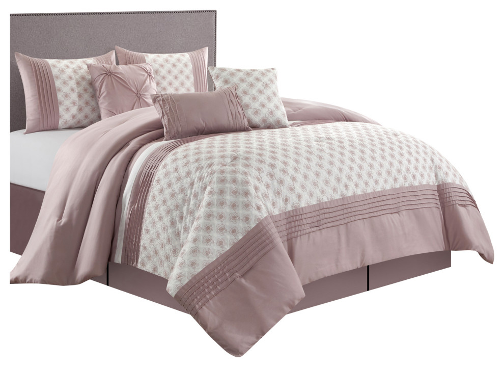 Elisha 7Piece Bedding Comforter Set, Blush, King Transitional