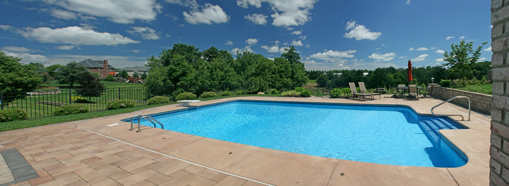 Large trendy backyard concrete paver and rectangular pool photo