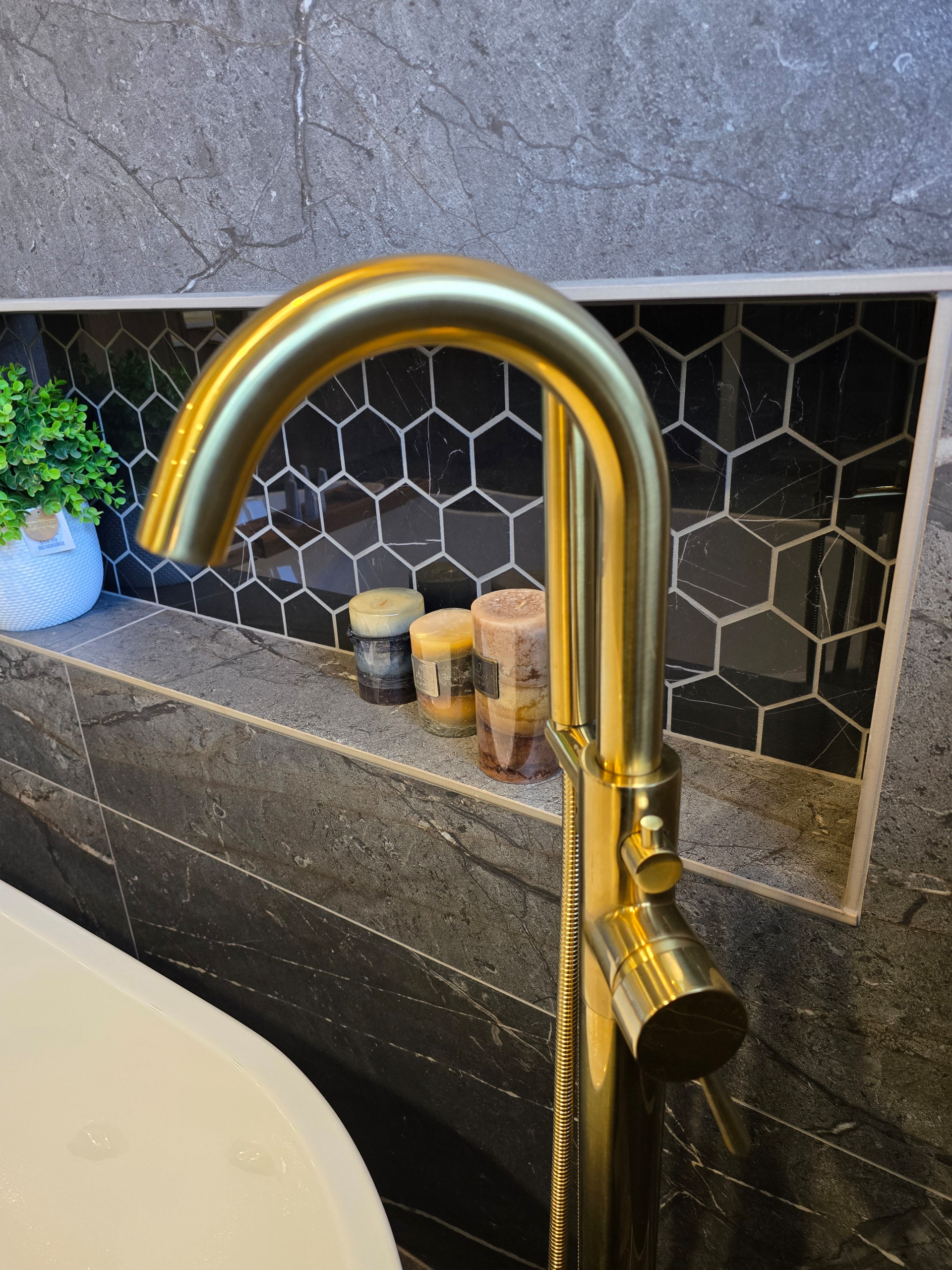 Main Bath full remodeling with custom vanity, freestanding tub & walk-in shower