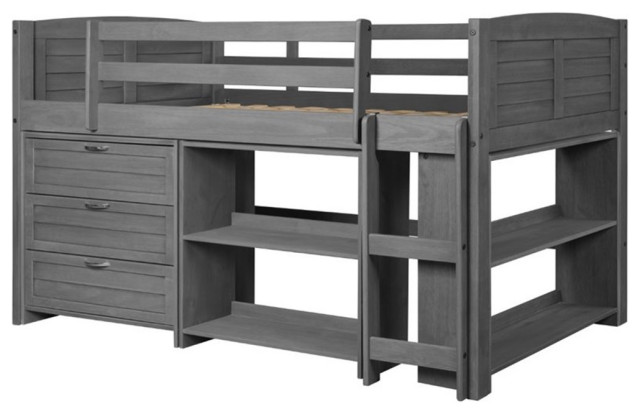 Roseberry Kids Solid Wood Twin Low Loft with Storage in Antique Gray