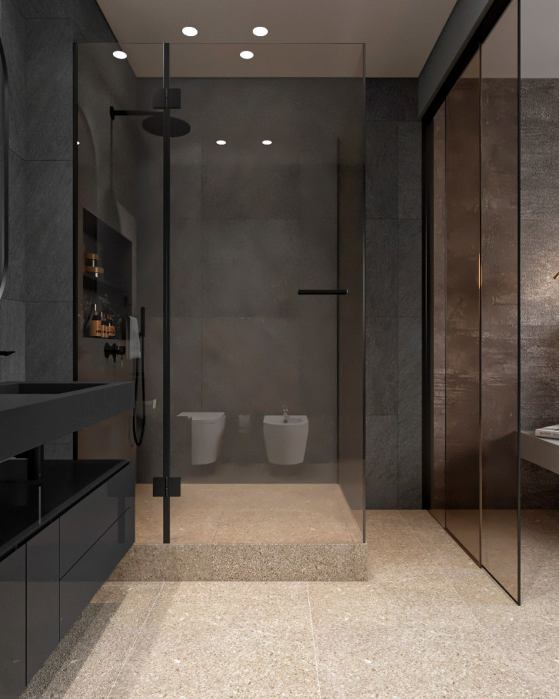 Стильная спальня с ванной за стеклянной перегородкой