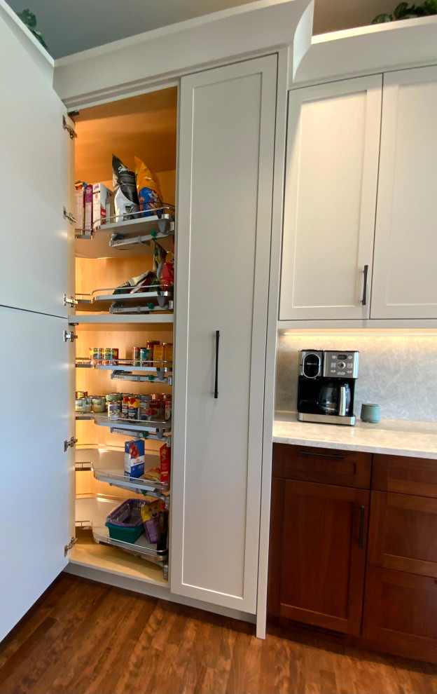 Large transitional single-wall dark wood floor and brown floor kitchen pantry photo in Calgary with shaker cabinets, gray cabinets, quartzite countertops, multicolored backsplash, stone slab backsplash and multicolored countertops