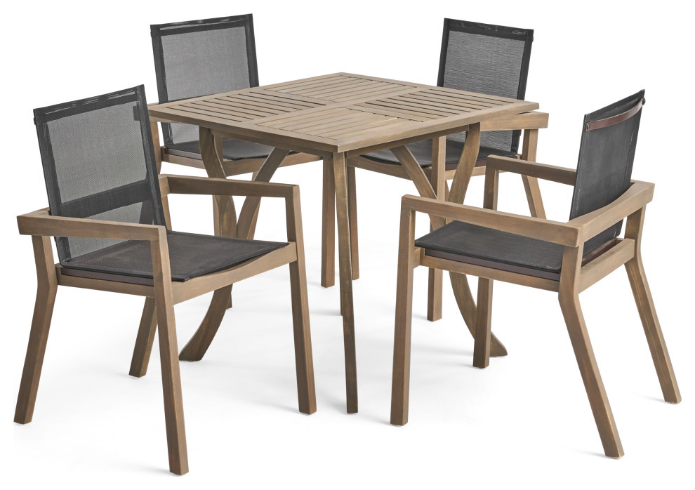 Astin Outdoor Acacia Wood 4 Seater Square Dining Set with Mesh Seats, Gray Finis