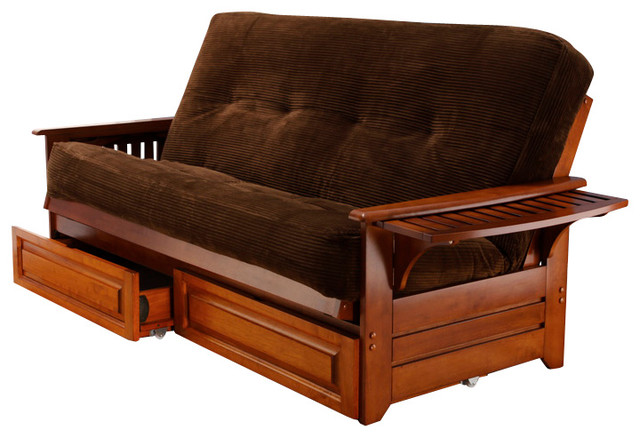 Phoenix Barbados Futon Frame with Futon Mattress in Viva Bark, With Full Drawer