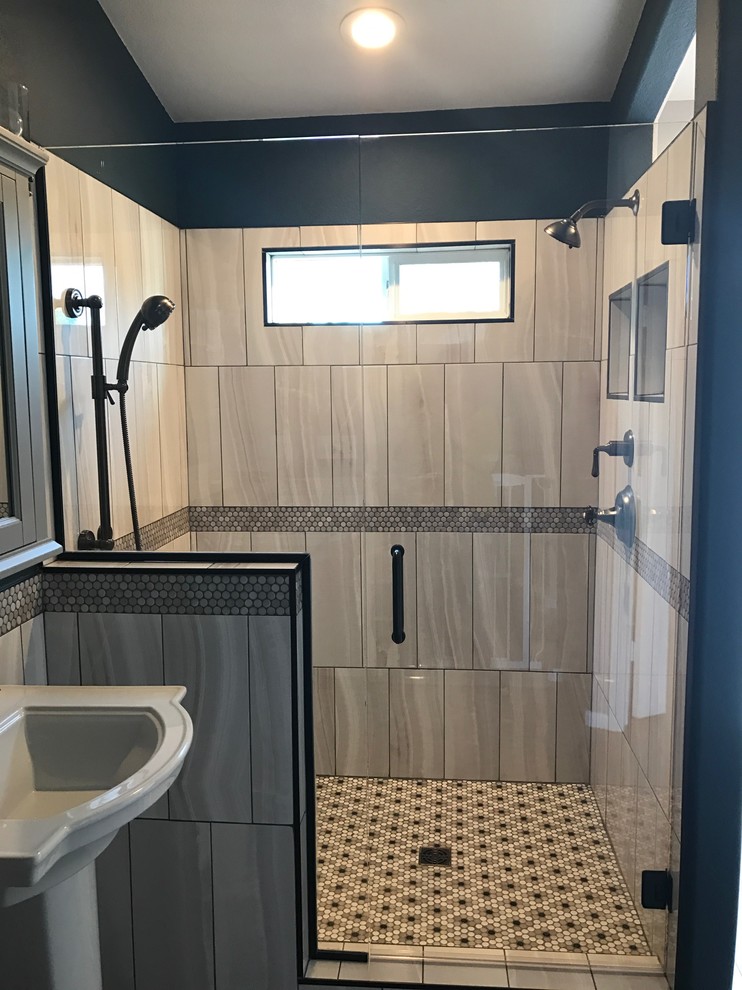 Example of a mid-sized transitional master gray tile and porcelain tile mosaic tile floor and gray floor alcove shower design in Phoenix with a pedestal sink, black walls and a hinged shower door