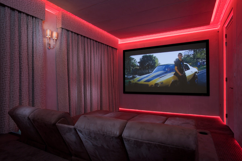 Inspiration for a contemporary enclosed home theatre in London with grey walls and carpet.