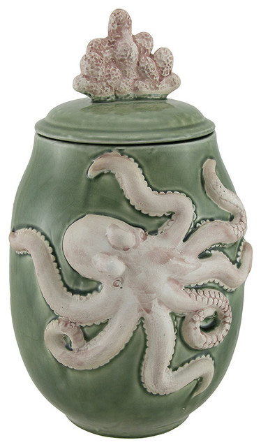 Green Ceramic Octopus Jar With C Lid Beach Style Kitchen Green Ceramic Octopus Jar With C Lid