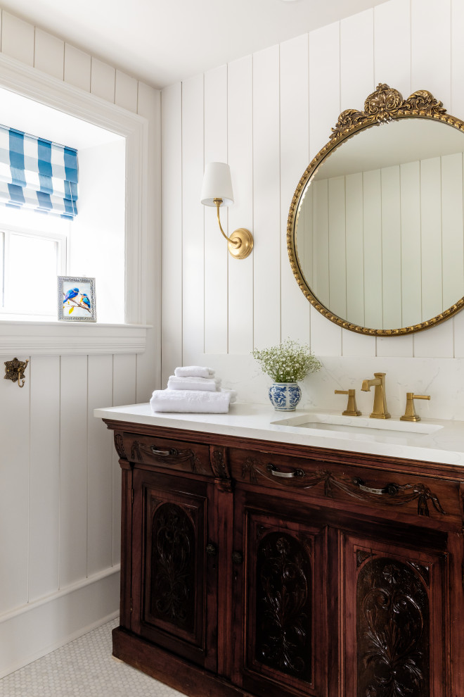 Powder room - cottage mosaic tile floor, white floor and shiplap wall powder room idea in Salt Lake City with dark wood cabinets, white walls, an undermount sink, white countertops and a freestanding vanity