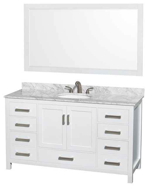 Wyndham Collection Sheffield 60" White Single Vanity With Carrera Marble Top, Undermount Oval