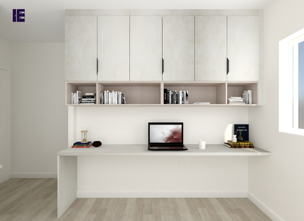Inspiration for a small contemporary storage and wardrobe in London with flat-panel cabinets and white cabinets.