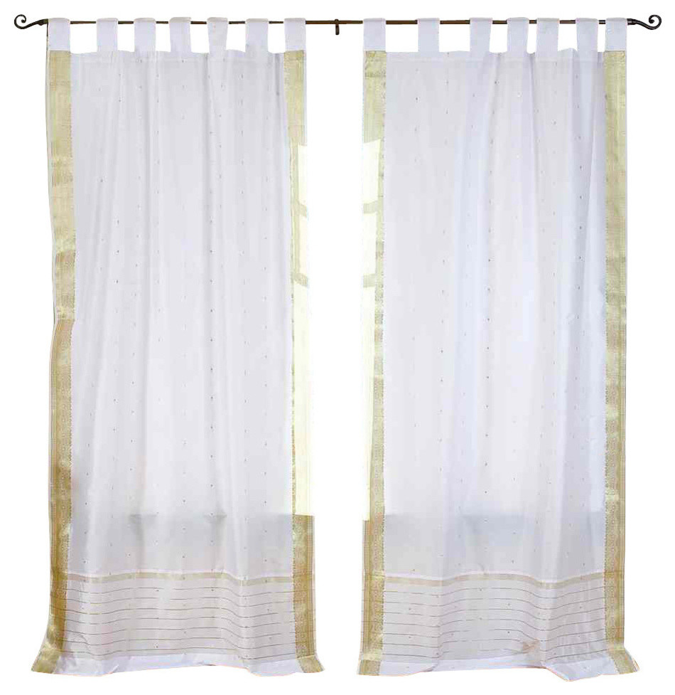 White with Gold Tab Top Sheer Sari Curtain / Drape / Panel -60W x 108L-Pair