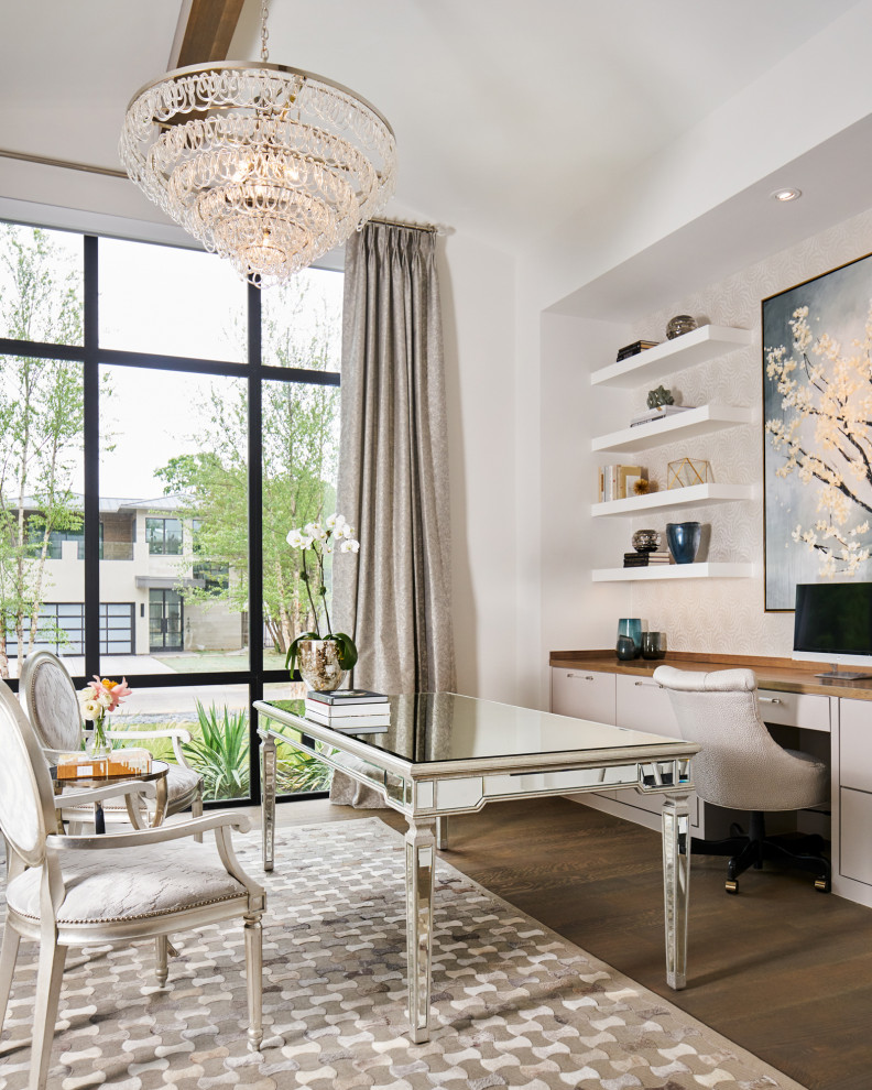 Example of a transitional home office design in Dallas