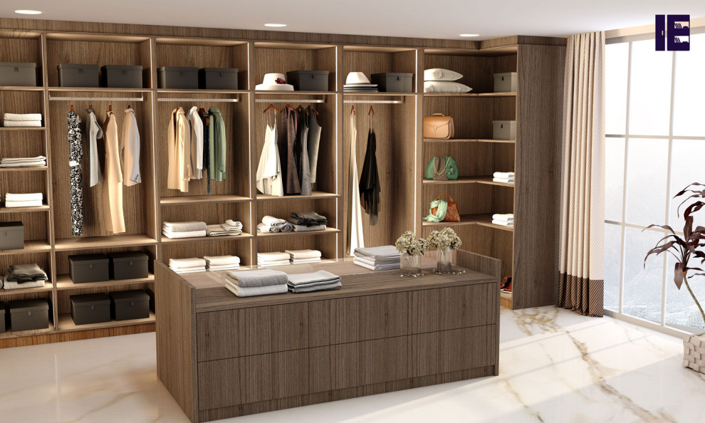 Idee per un grande armadio incassato minimalista con nessun'anta, ante in legno bruno, pavimento in marmo e pavimento bianco