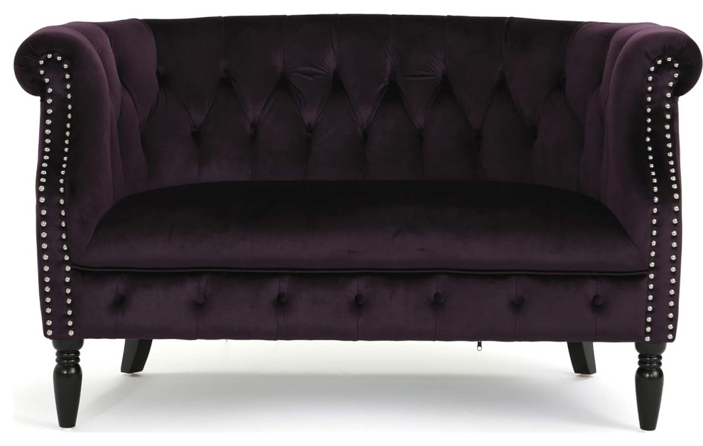 Traditional Chesterfield Loveseat, Velvet Seat and Scrolled Arms, Blackberry