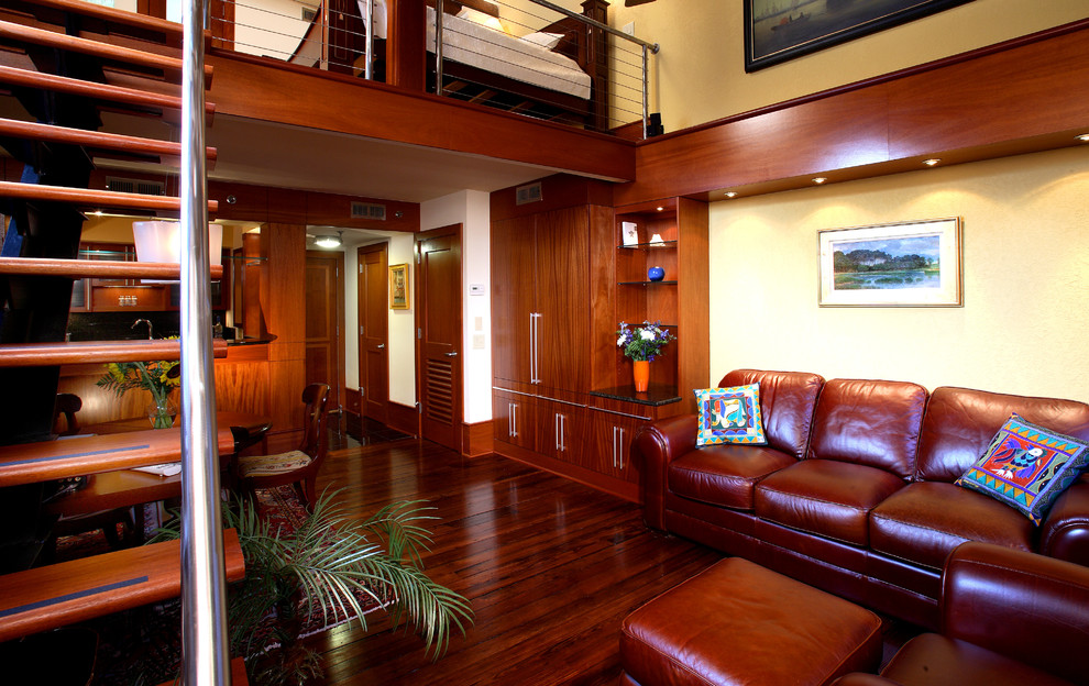 Mahogany casework frames the Living Room and Dining Room, with Loft above