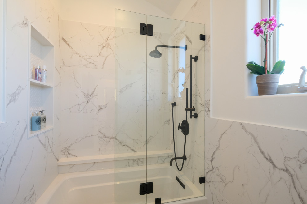 Inspiration for a large contemporary master bathroom in San Diego with flat-panel cabinets, white cabinets, an alcove tub, a shower/bathtub combo, a one-piece toilet, mosaic tile, white walls, marble floors, an undermount sink, marble benchtops, white floor, an open shower, white benchtops, a double vanity and a floating vanity.