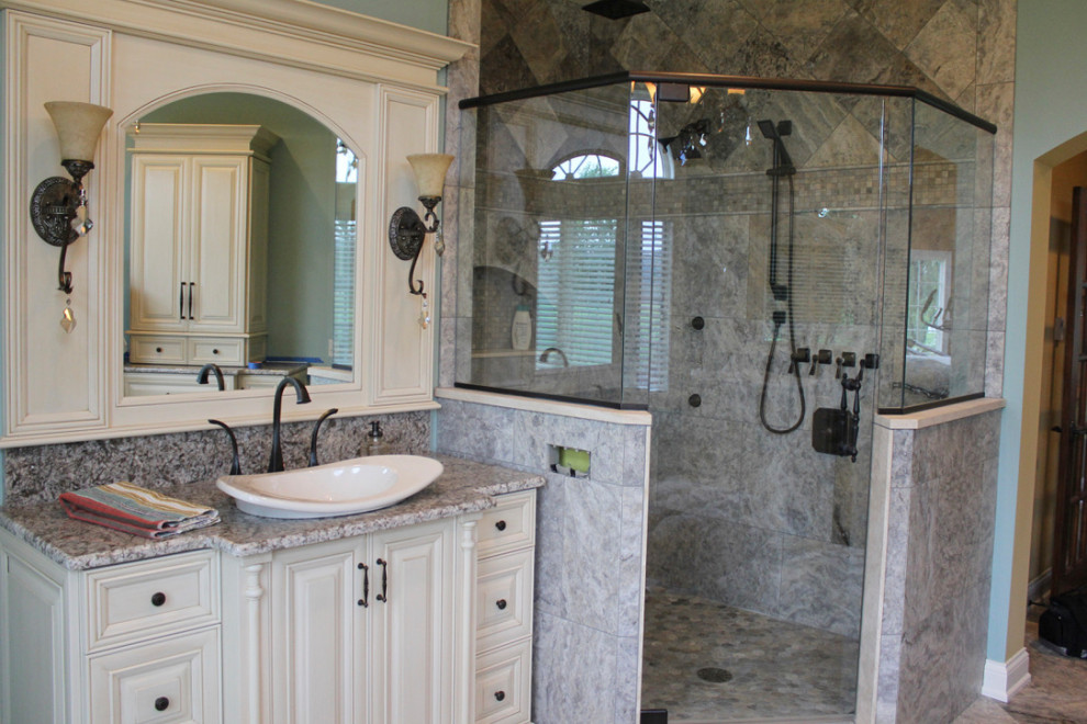 Photo of a mid-sized country master bathroom in Other with white cabinets, a corner shower, gray tile, granite benchtops, grey floor, an open shower, grey benchtops, a single vanity and a built-in vanity.