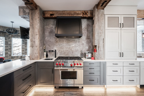 Gray Stone Slab Backsplash with White Quartz Countertops for Rustic Kitchen Cabinet Ideas
