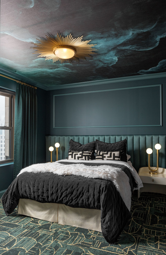 Bedroom - eclectic carpeted, green floor and wallpaper ceiling bedroom idea in Detroit with blue walls