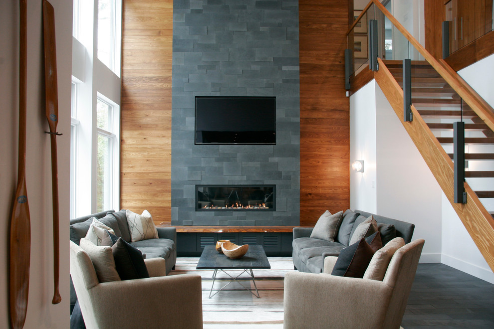 Design ideas for a contemporary open concept living room in Toronto with white walls, a ribbon fireplace, a tile fireplace surround and a wall-mounted tv.
