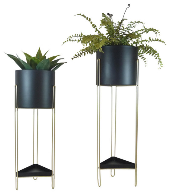 Black Gold Cylinde Plant Pot, Stand, Set of 2 - Midcentury - Indoor ...