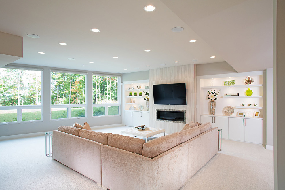 Inspiration for a large transitional formal carpeted living room remodel in Indianapolis with gray walls, a ribbon fireplace, a tile fireplace and a wall-mounted tv