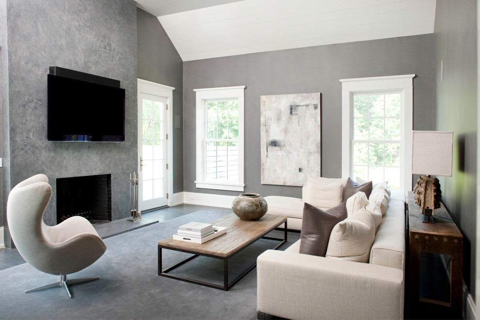 Inspiration for a contemporary living room in New York with grey walls, a standard fireplace and a wall-mounted tv.