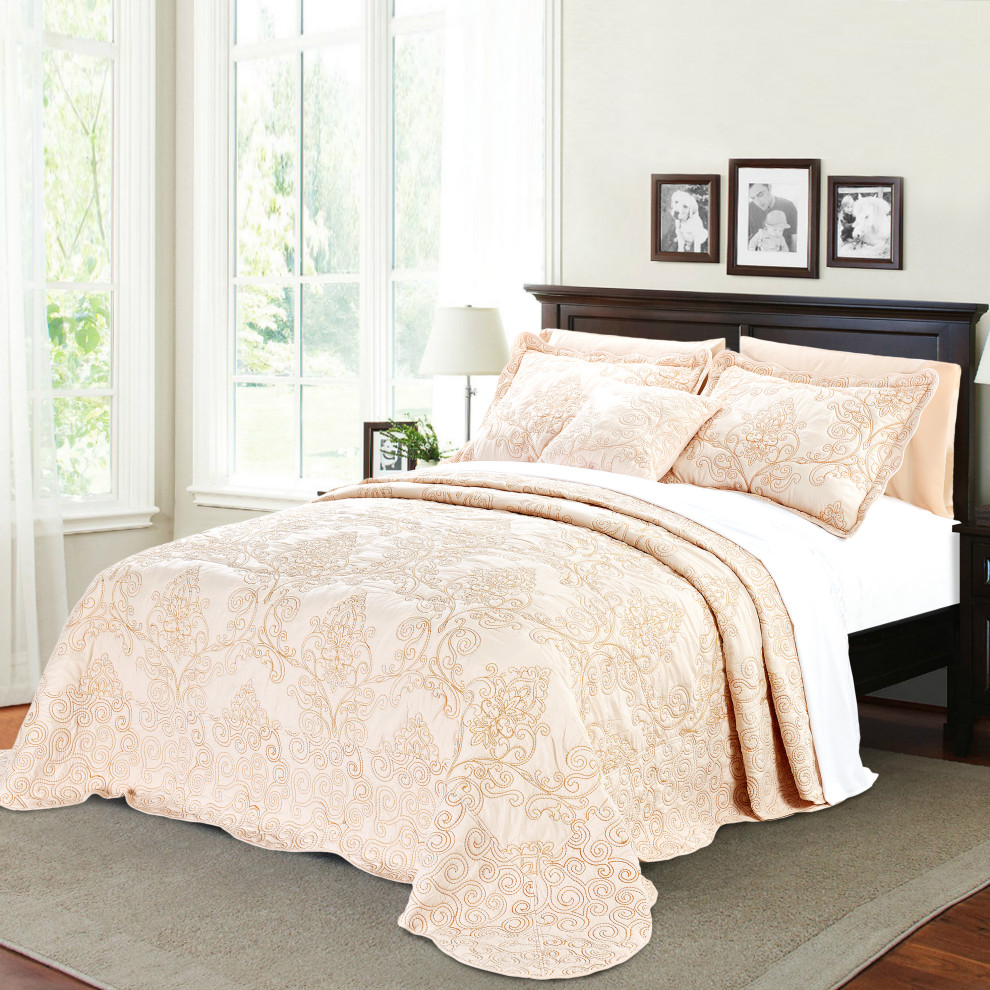 Damask Embroidered Quilted 4 Piece Bed Spread Sets, King ...