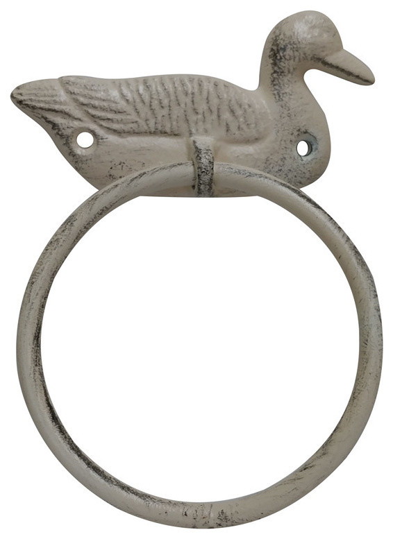 Aged White Cast Iron Mallard Duck Towel Holder 6.5'' Farmhouse