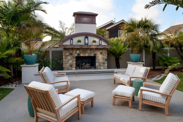 Design ideas for a large beach style backyard patio in San Diego with a fire feature and no cover.